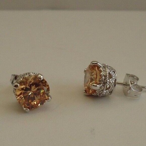 925 STERLING SILVER CHAMPAGNE STUD EARRINGS SIMULATED CHAMPAGNE DIAMONDS/8MM - Picture 4 of 10